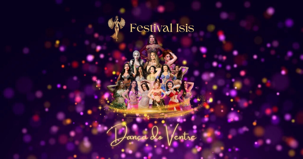 imagem com fundo roxo e dourado com brilhos, apresentando a deusa Ísis ao centro, com asas abertas e trajes dourados, rodeada pelos dizeres 'Festival Isis' e 'Dança do Ventre' em fonte elegante.