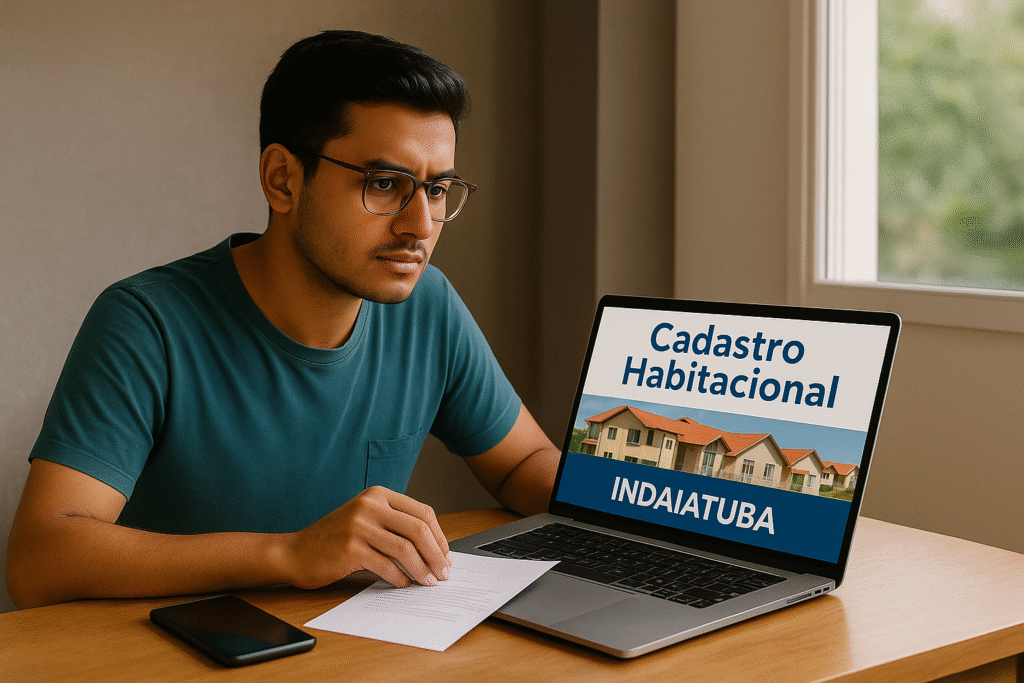 Jovem sorridente segurando uma pasta de documentos em frente a um prédio público, simbolizando o processo de inscrição em programas habitacionais.