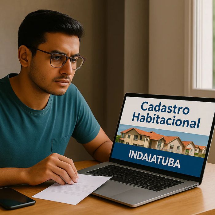 Imagem em estilo cartoon ilustrando um jovem em um notebook realizando a inscrição no cadastro habitacional de Indaiatuba