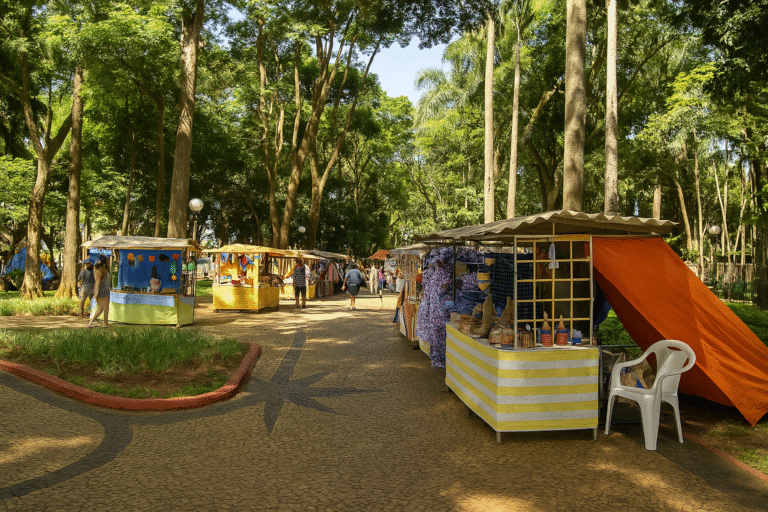 Feira de artesanato na Praça Rui Barbosa, em Indaiatuba, com barracas coloridas montadas sob árvores e pessoas caminhando.