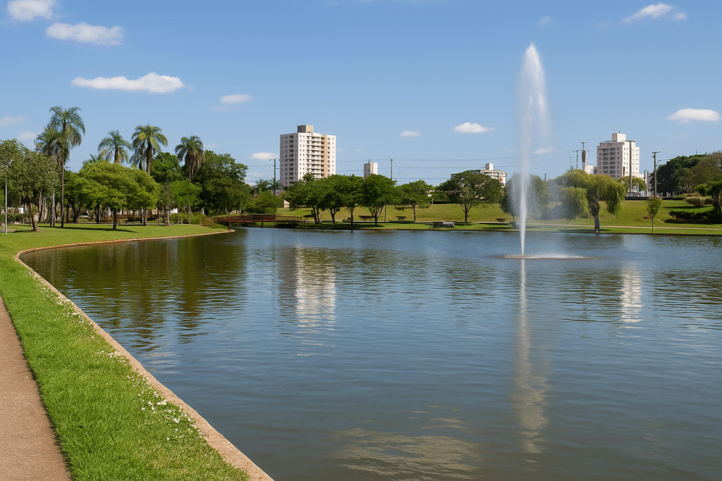 Vista do Parque Ecológico de Indaiatuba com lago, fonte central e prédios ao fundo em um dia ensolarado.