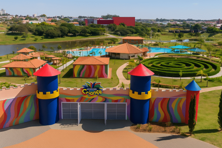 Vista aérea do Parque Temático da Criança em Indaiatuba com entrada colorida, castelinhos e atrações ao ar livre.