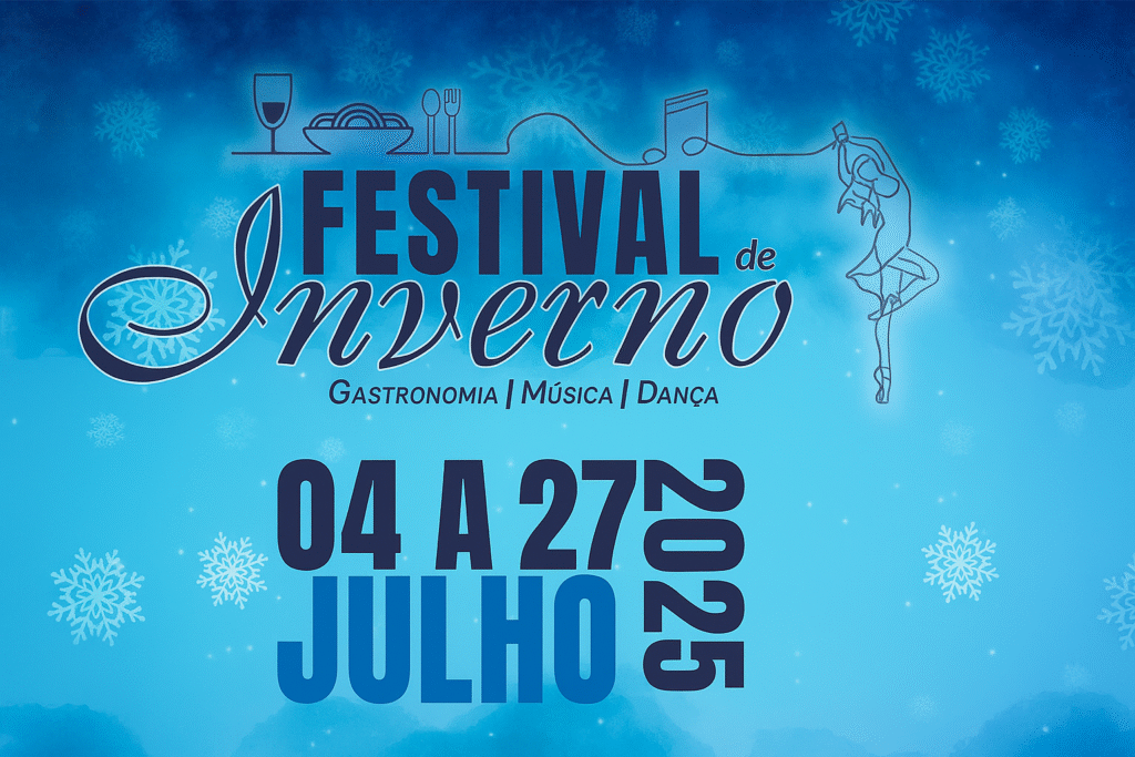 Banner oficial do Festival de Inverno 2025 em Indaiatuba com datas, logotipos e fundo azul com flocos de neve.