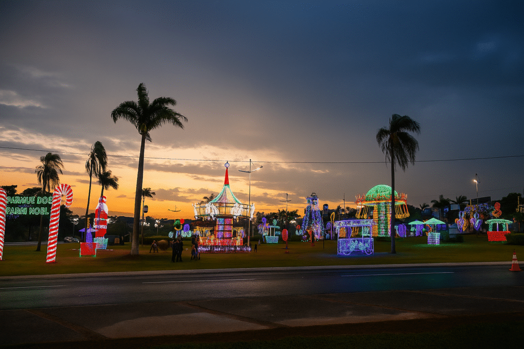 Circuito de luzes do Natal em Indaiatuba 2025, com decoração do Jardim Encantado do Papai Noel ao entardecer, incluindo carrossel iluminado, árvores de Natal e figuras natalinas coloridas.