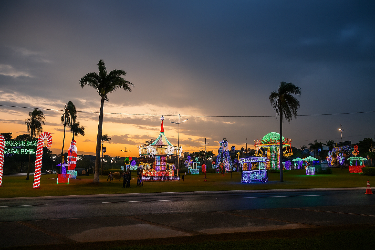 Circuito de luzes do Natal em Indaiatuba 2025, com decoração do Jardim Encantado do Papai Noel ao entardecer, incluindo carrossel iluminado, árvores de Natal e figuras natalinas coloridas.