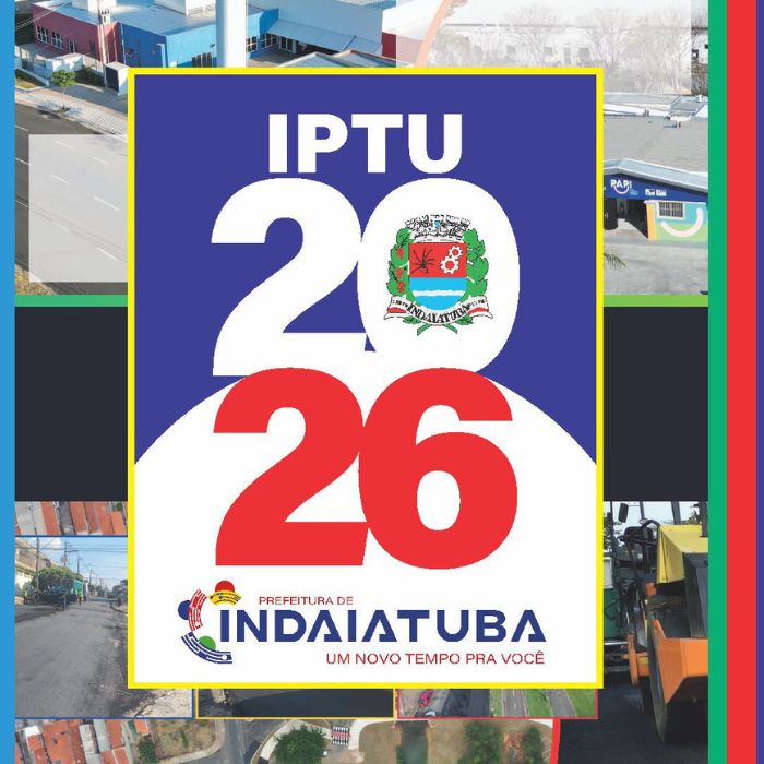 Imagem da capa do carnê de IPTU Indaiatuba 2026 com imagens da cidade ao fundo