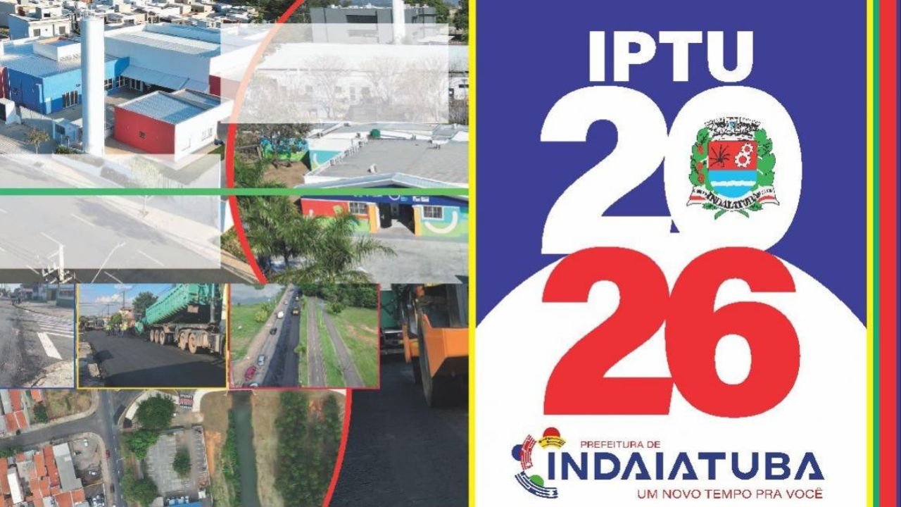 Imagem da capa do carnê de IPTU Indaiatuba 2026 com imagens da cidade ao lado