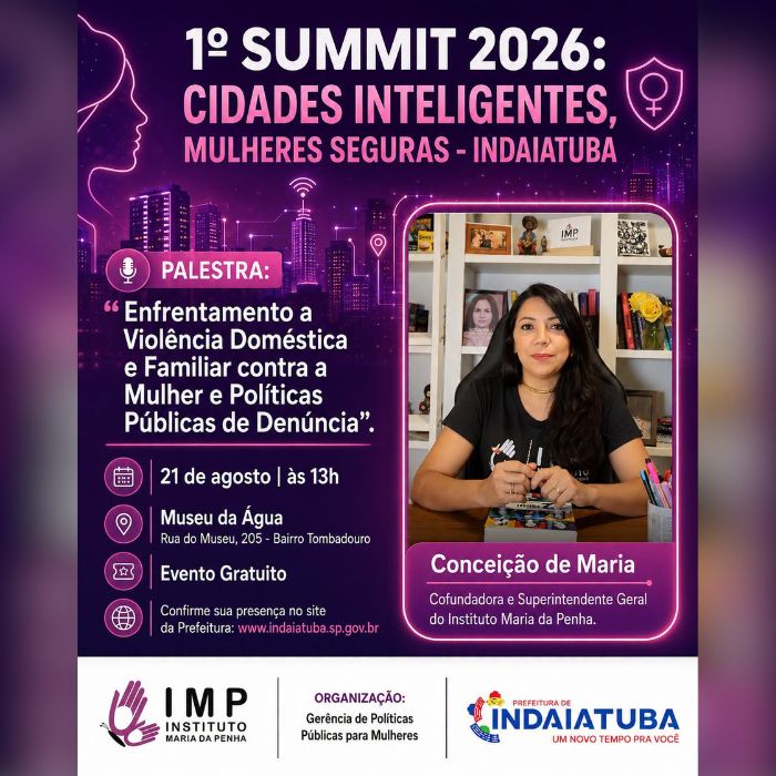 Imagem do Banner de divulgação do 1º Summit Cidades Inteligentes, Mulheres Seguras que acontece em Indaiatuba