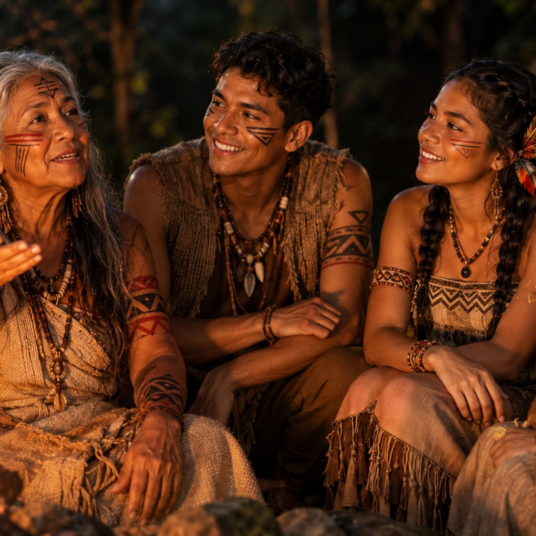 Imagem gerada por IA ilustrando um grupo indigena em volta da fogueira ouvindo histórias sobre O Segredo da Floresta