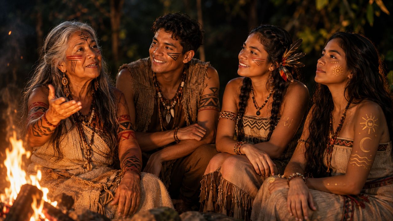 Imagem gerada por IA ilustrando um grupo indigena em volta da fogueira ouvindo histórias sobre O Segredo da Floresta