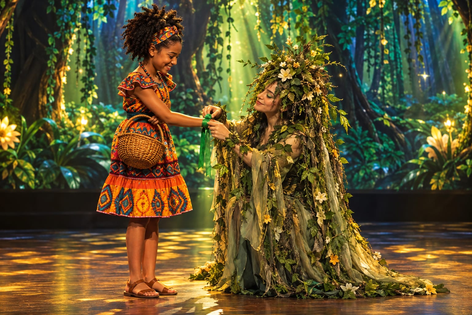 Imagem mostra cena de pesonagens no palco de espetáculo as cores de zawadi