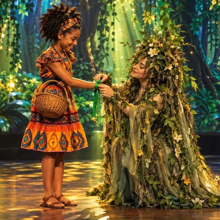 Imagem mostra cena de pesonagens no palco de espetáculo as cores de zawadi
